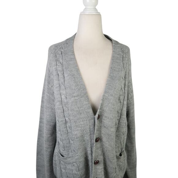 Vintage 80s Kentfield Grey Cable Knit Grandpa Cardigan Sweater Mens XL - Picture 2 of 5